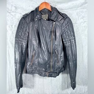 Muubaa Black Quilted Moto Leather Jacket Women’s Size 0 Goat Leather Belted